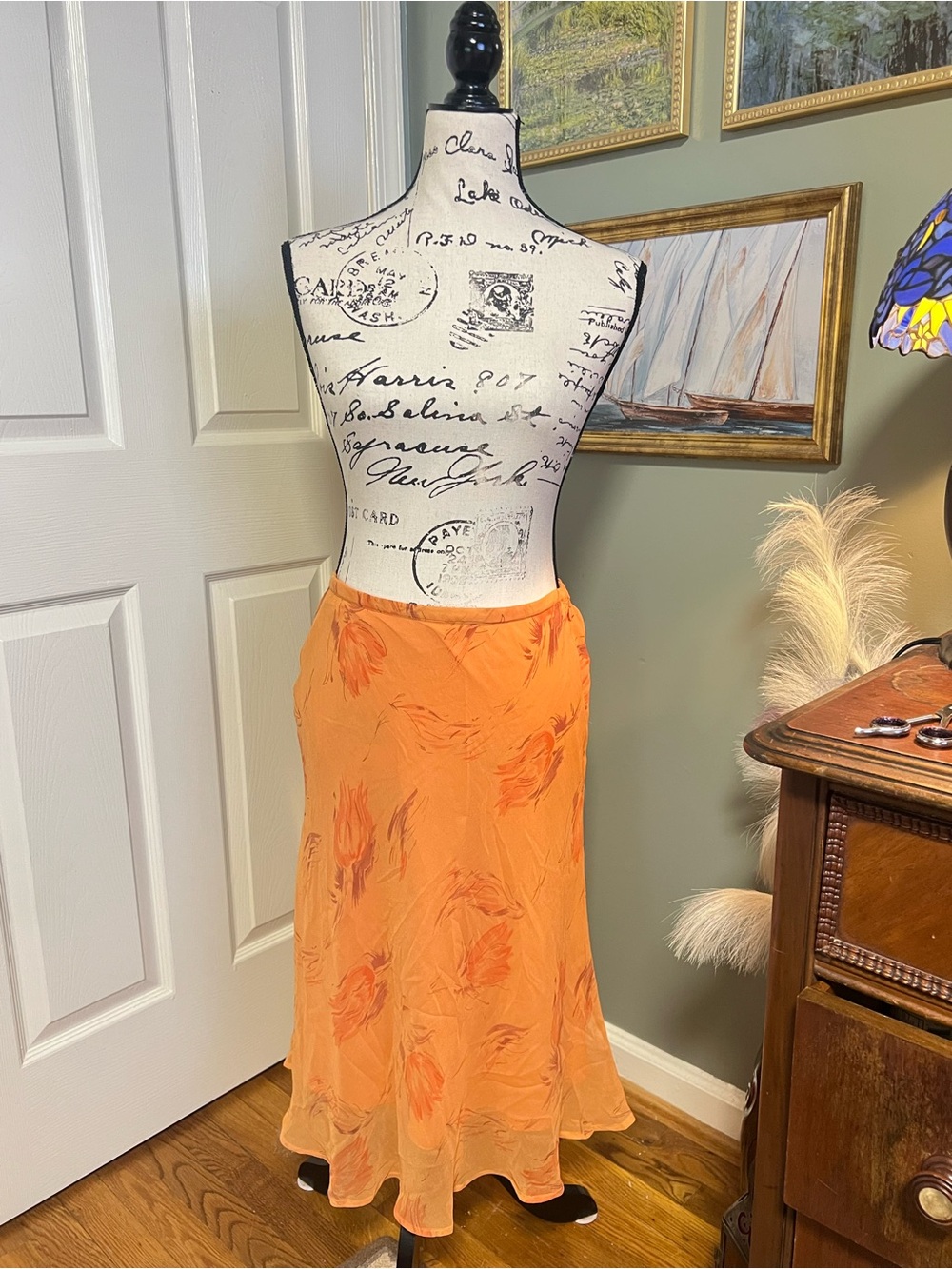 Coldwater Creek Orange Floral Midi Skirt Size medium Boho